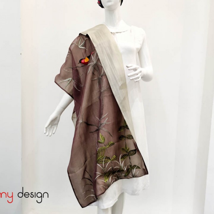 Brown silk scarf hand-embroidered with bamboo branch and bird